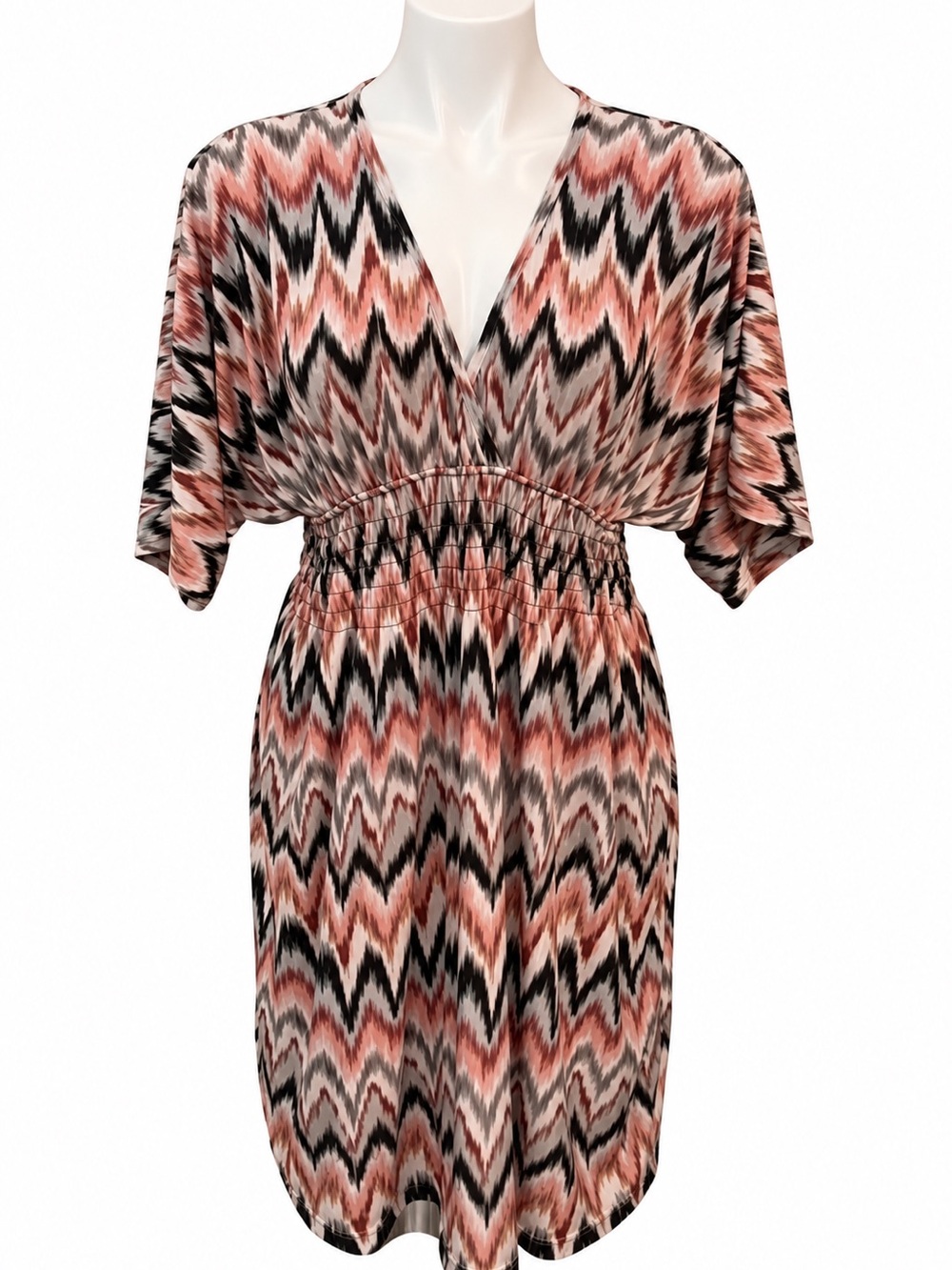 Boho Ikat Chevron Print V-Neck Dress Coral Black Smocked Waist Dolman Sleeve